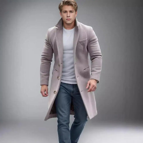 Elegant Men's Woolen Coat with Lapel Pockets - Single Breasted Long Sleeve Jacket Perfect for Autumn and Winter Casual Wear